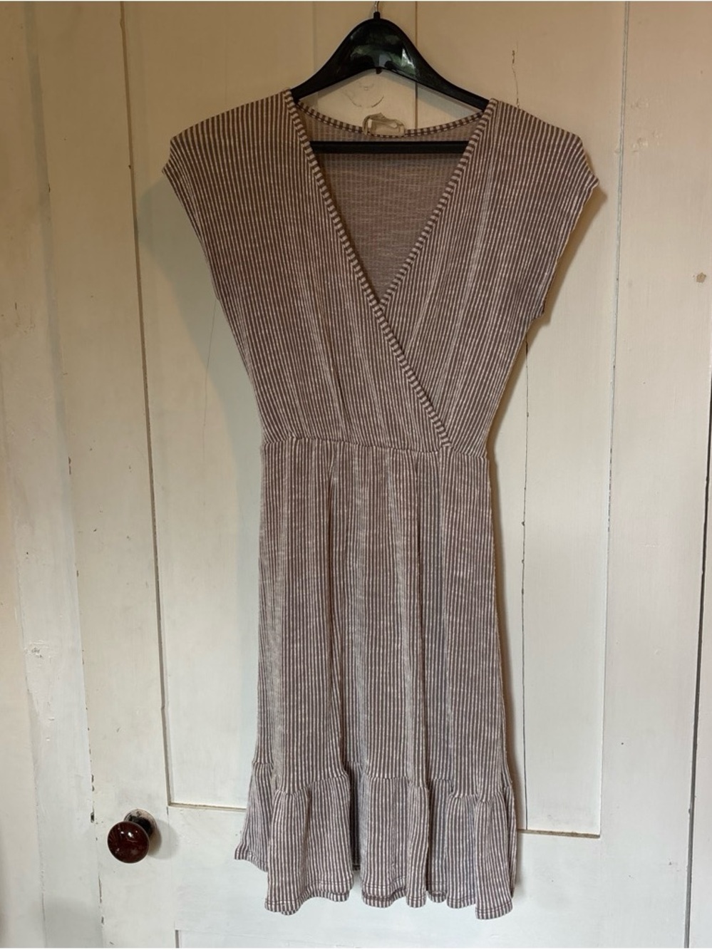 Caution To The Wind Taupe & White Striped V‑Neck Midi Dress